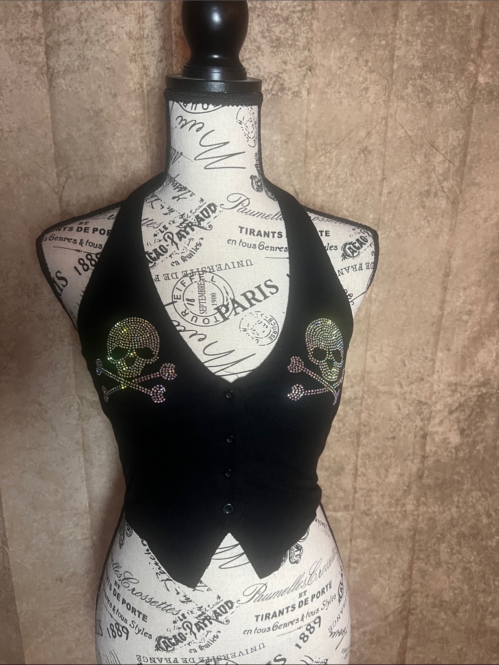 Y2K Black Halter Ribbed Button-Front Top with Iridescent Skull Detail